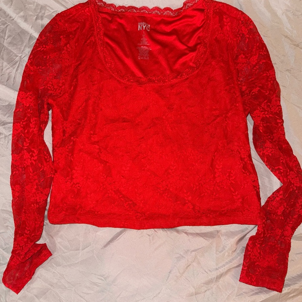 NYC Red Lace Long-Sleeve Scoop Neck Top